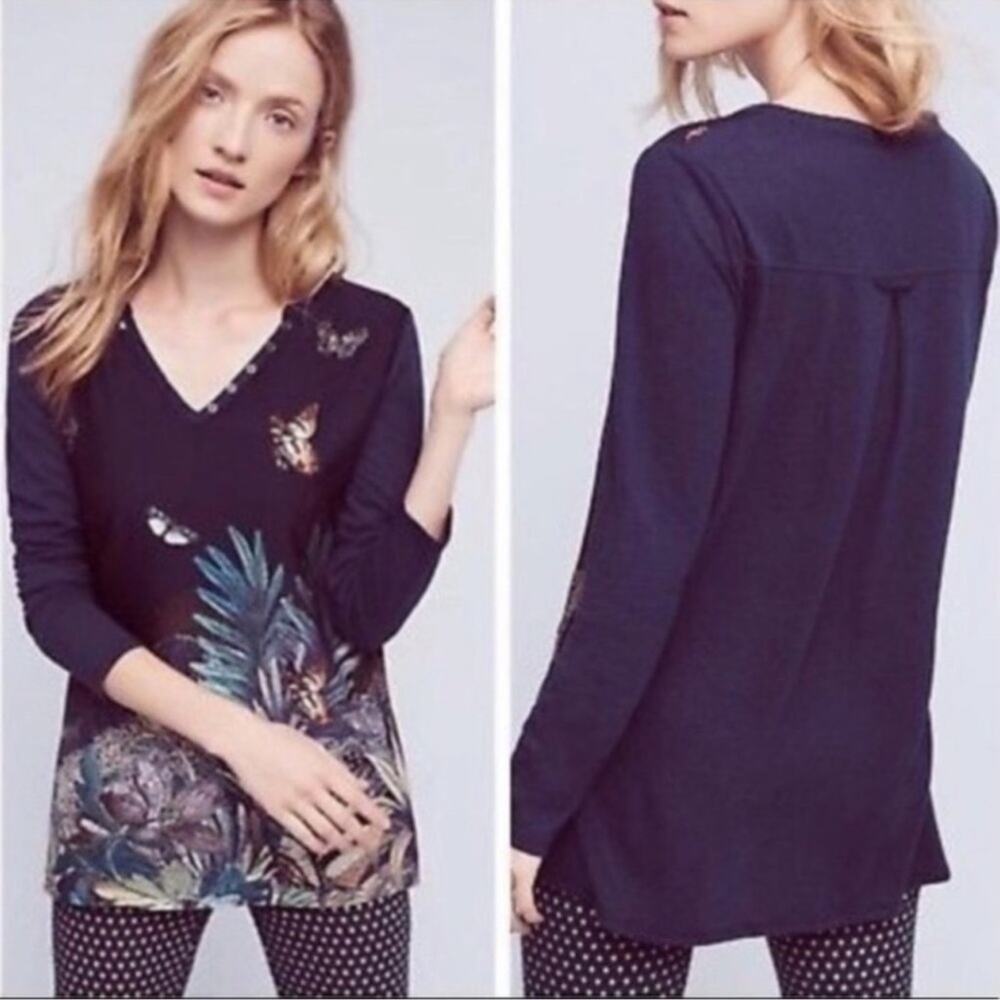 Anthropologie Akemi Kin Butterfly Fauna Henley Blouse Linen Blue Size Small